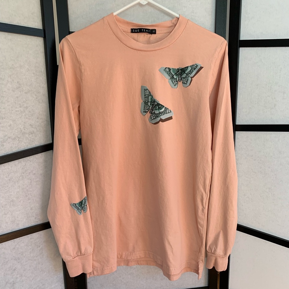 Sue Tsai MONEYFLY Peach PINK  Long Sleeve Shirt Top Small but could fit a XS